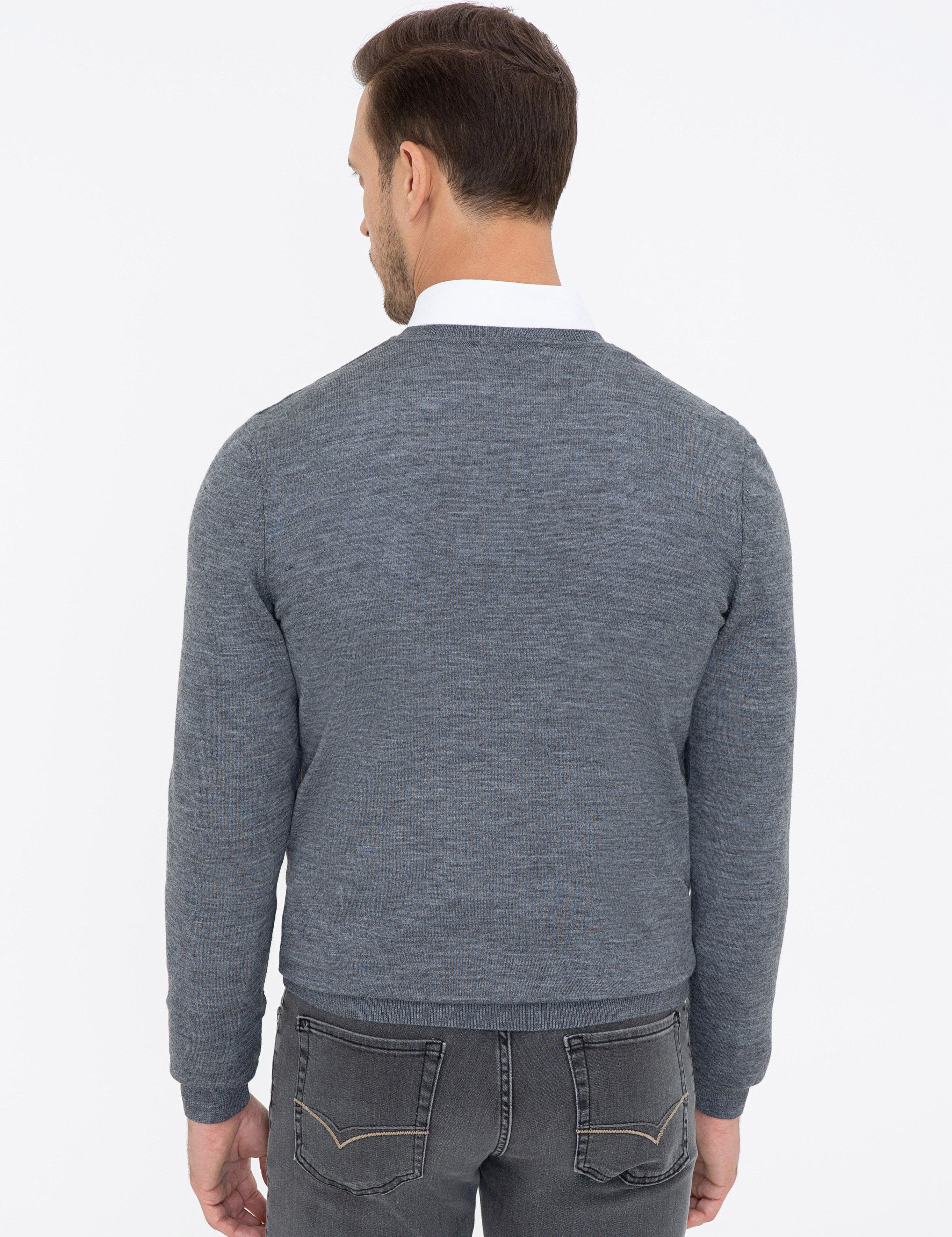 Antrasit Melanj Slim Fit V Yaka Basic Triko Kazak - 50237053207