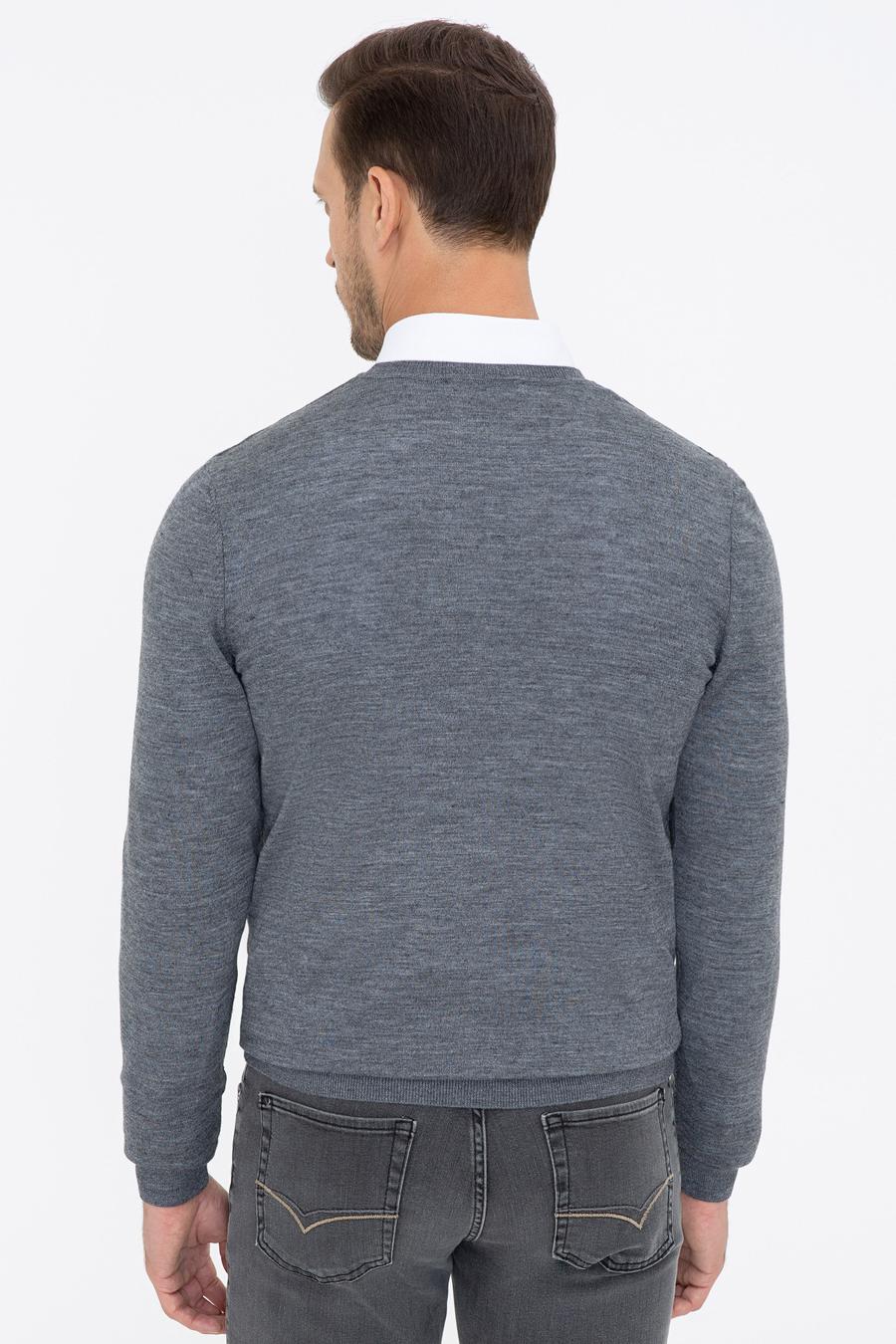 Antrasit Melanj Slim Fit V Yaka Basic Triko Kazak - 50237053207