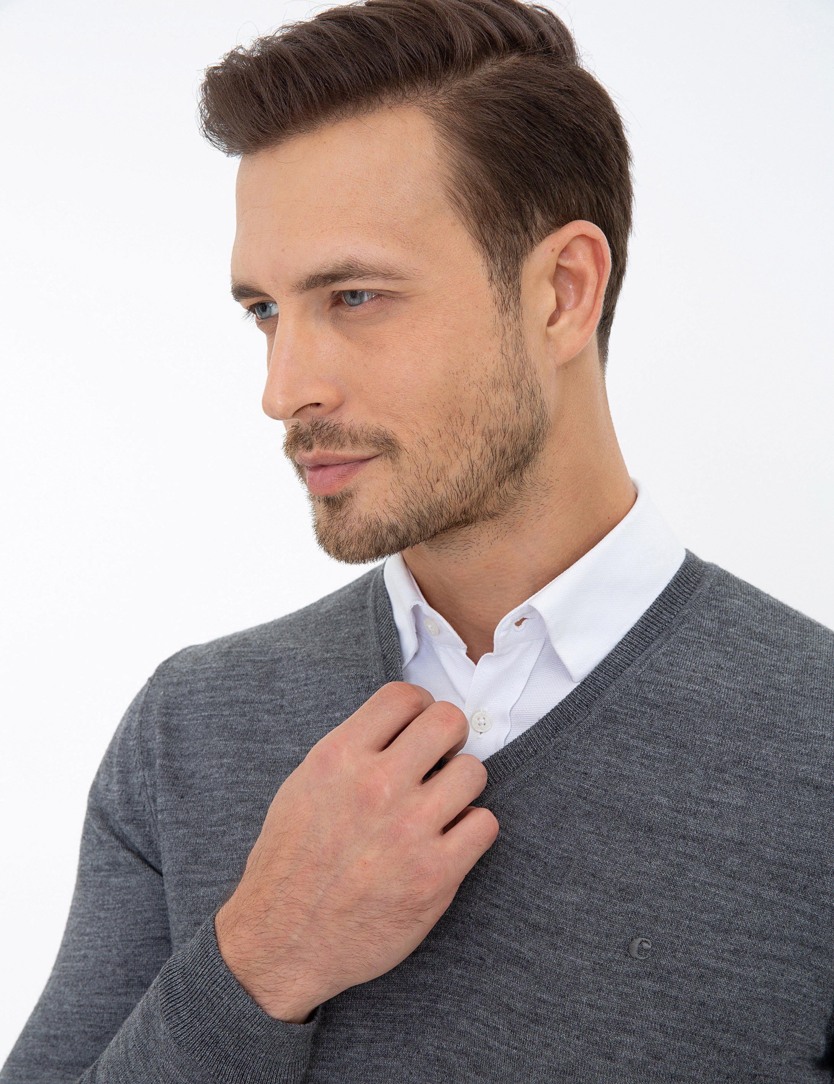 Antrasit Melanj Slim Fit V Yaka Basic Triko Kazak - 50237053207