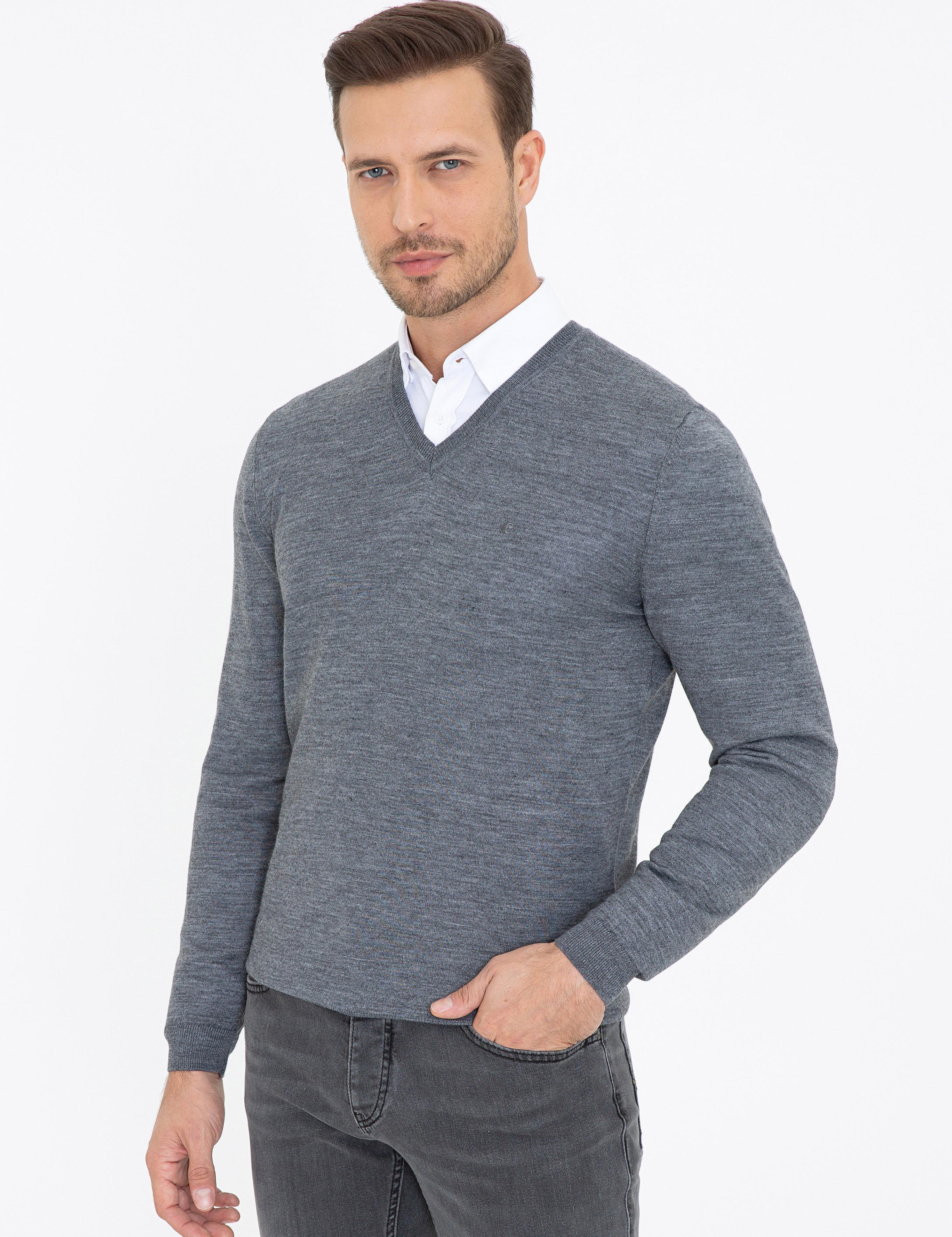 Antrasit Melanj Slim Fit V Yaka Basic Triko Kazak - 50237053207