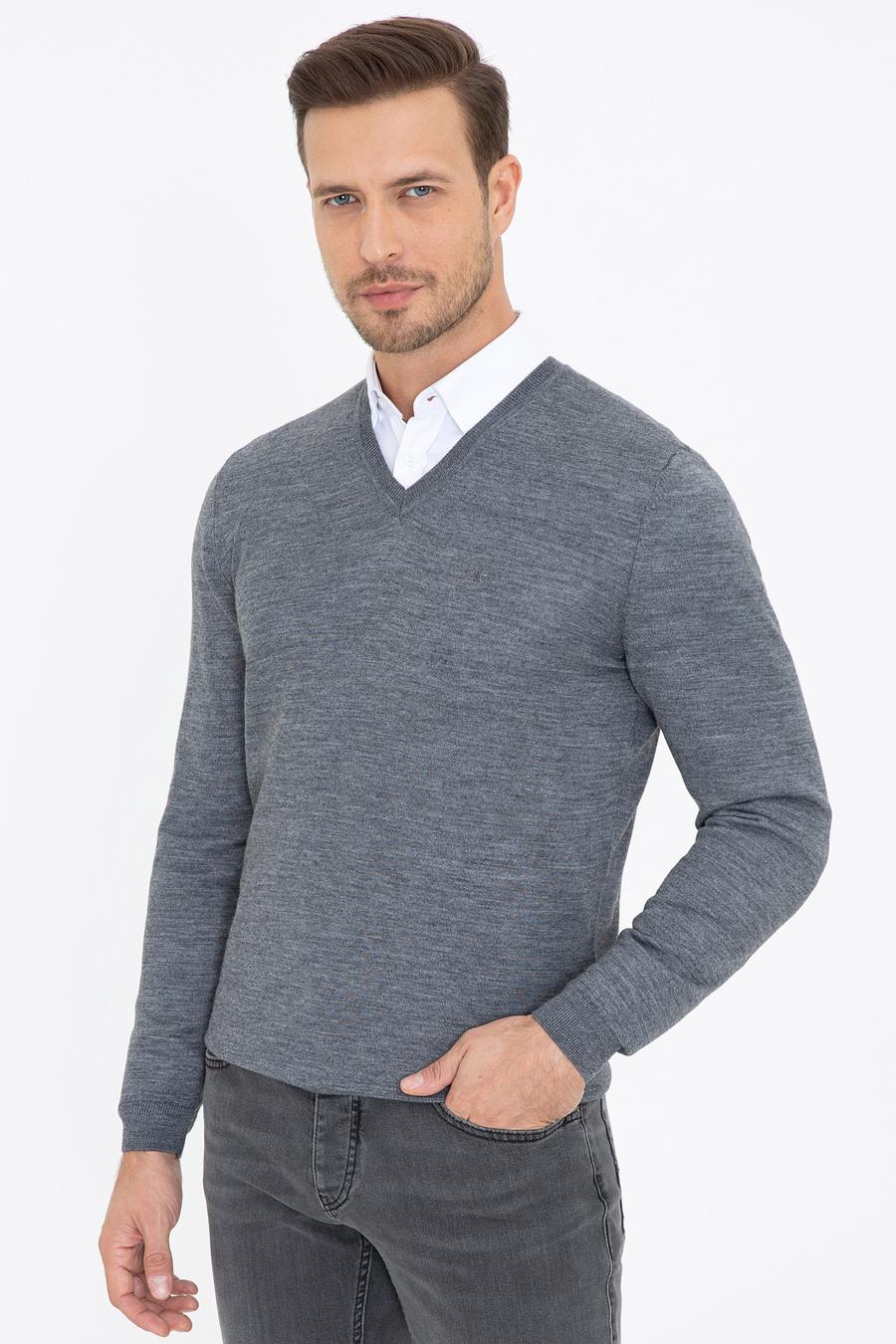 Antrasit Melanj Slim Fit V Yaka Basic Triko Kazak - 50237053207