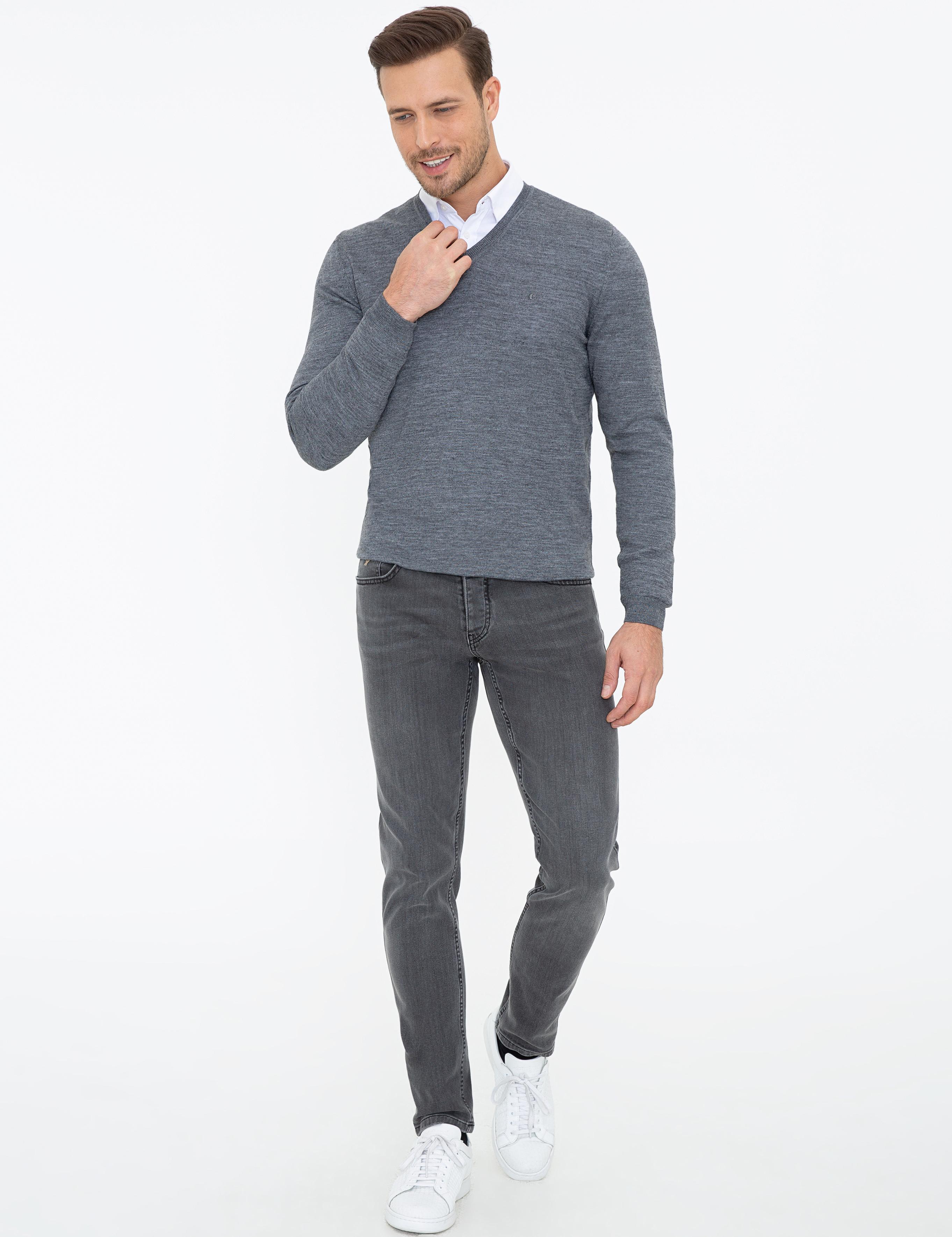 Antrasit Melanj Slim Fit V Yaka Basic Triko Kazak - 50237053207