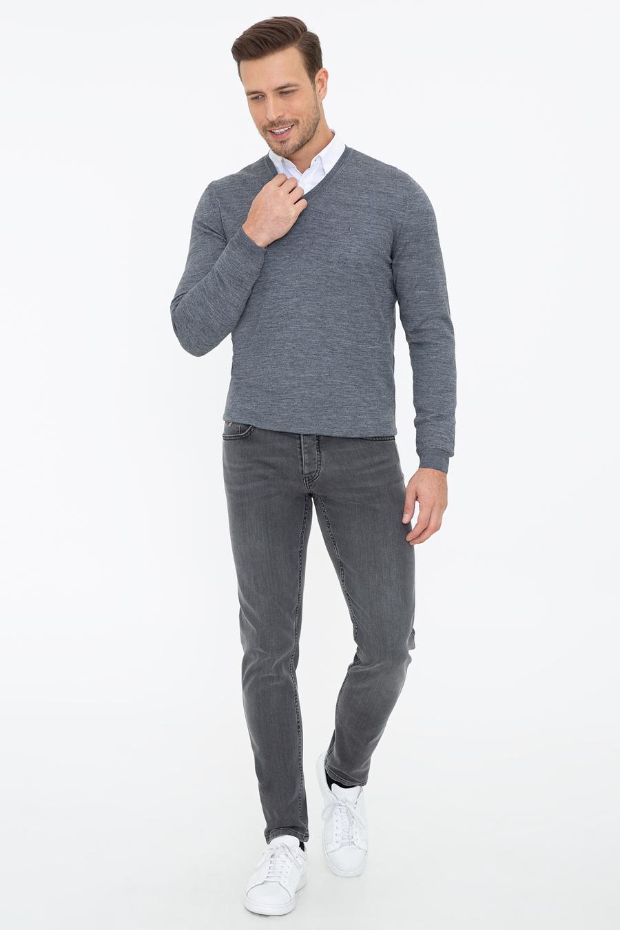 Antrasit Melanj Slim Fit V Yaka Basic Triko Kazak - 50237053207