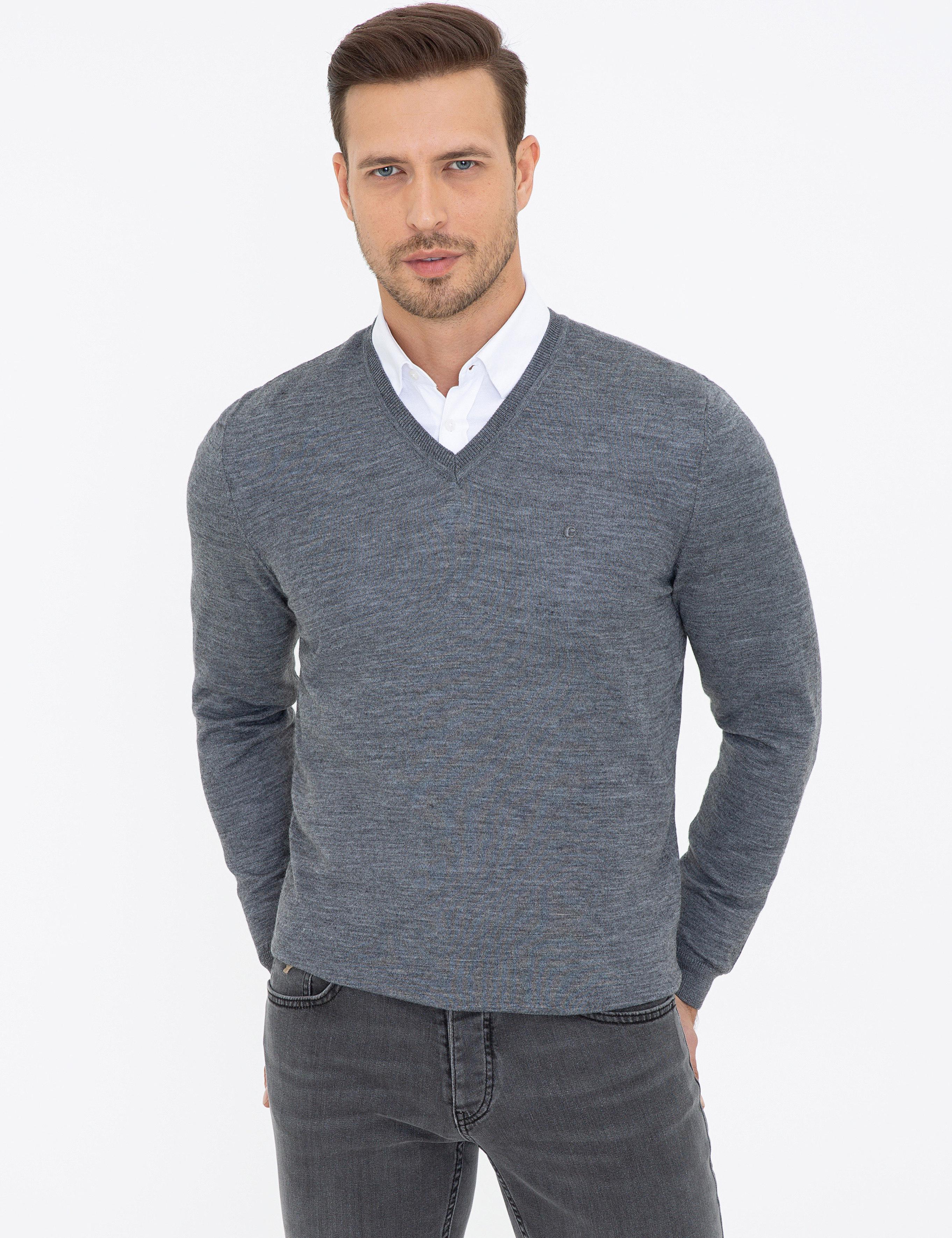 Antrasit Melanj Slim Fit V Yaka Basic Triko Kazak - 50237053207