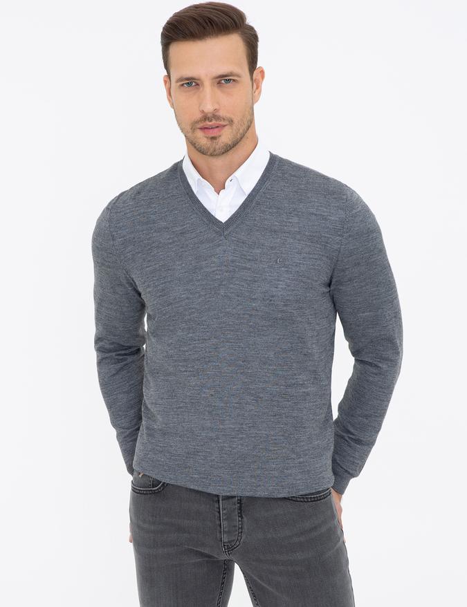 Antrasit Melanj Slim Fit V Yaka Basic Triko Kazak