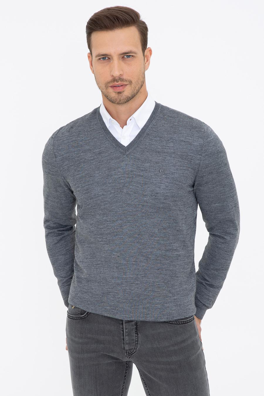 Antrasit Melanj Slim Fit V Yaka Basic Triko Kazak - 50237053207