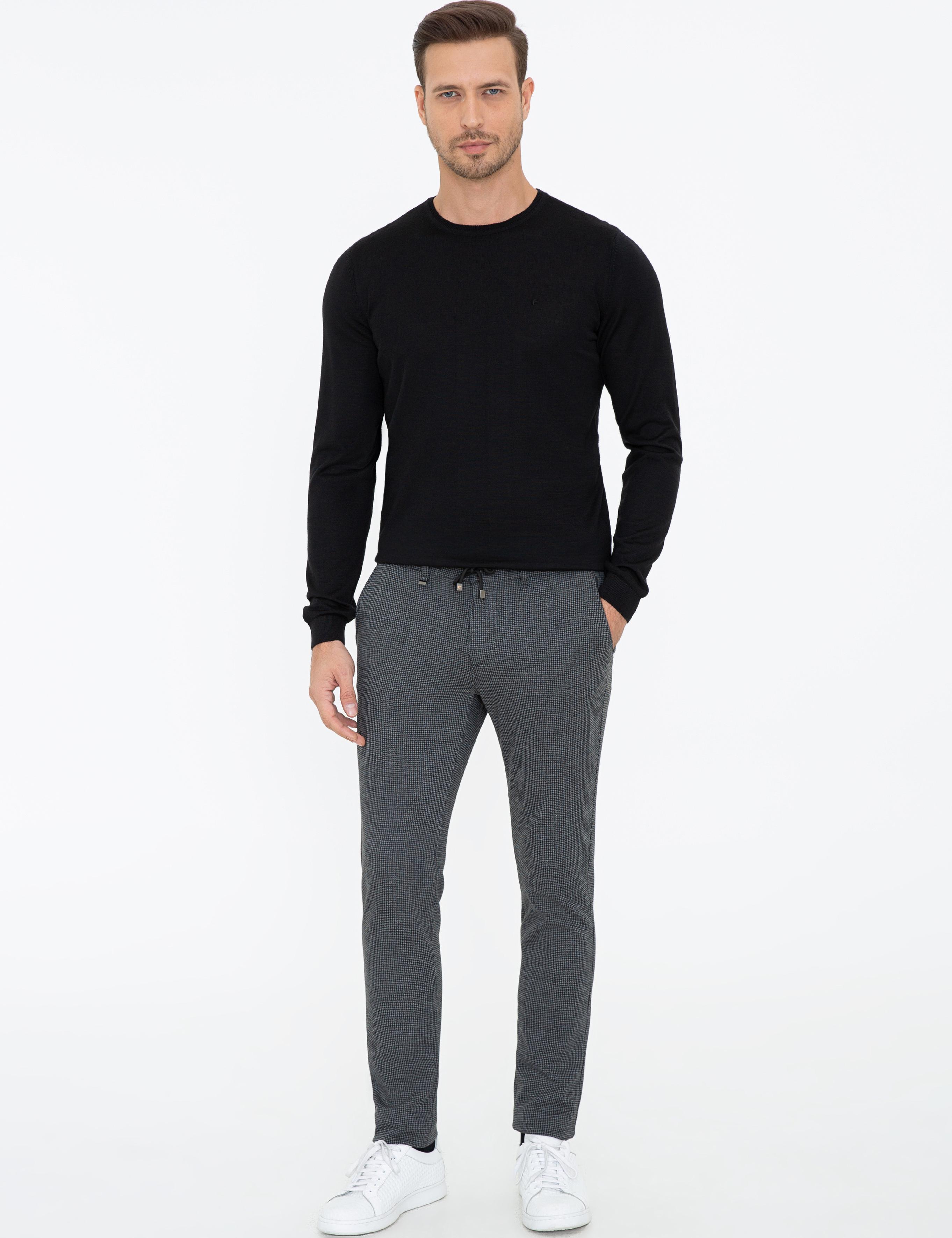 Siyah Slim Fit Belden Bağlamalı Kanvas Pantolon - 50242626038
