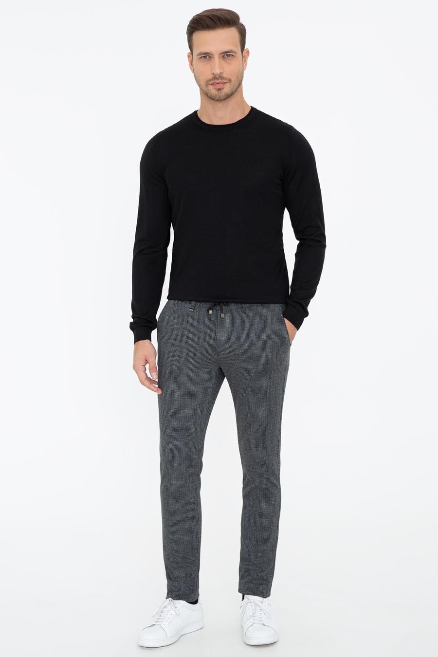 Siyah Slim Fit Belden Bağlamalı Kanvas Pantolon - 50242626038
