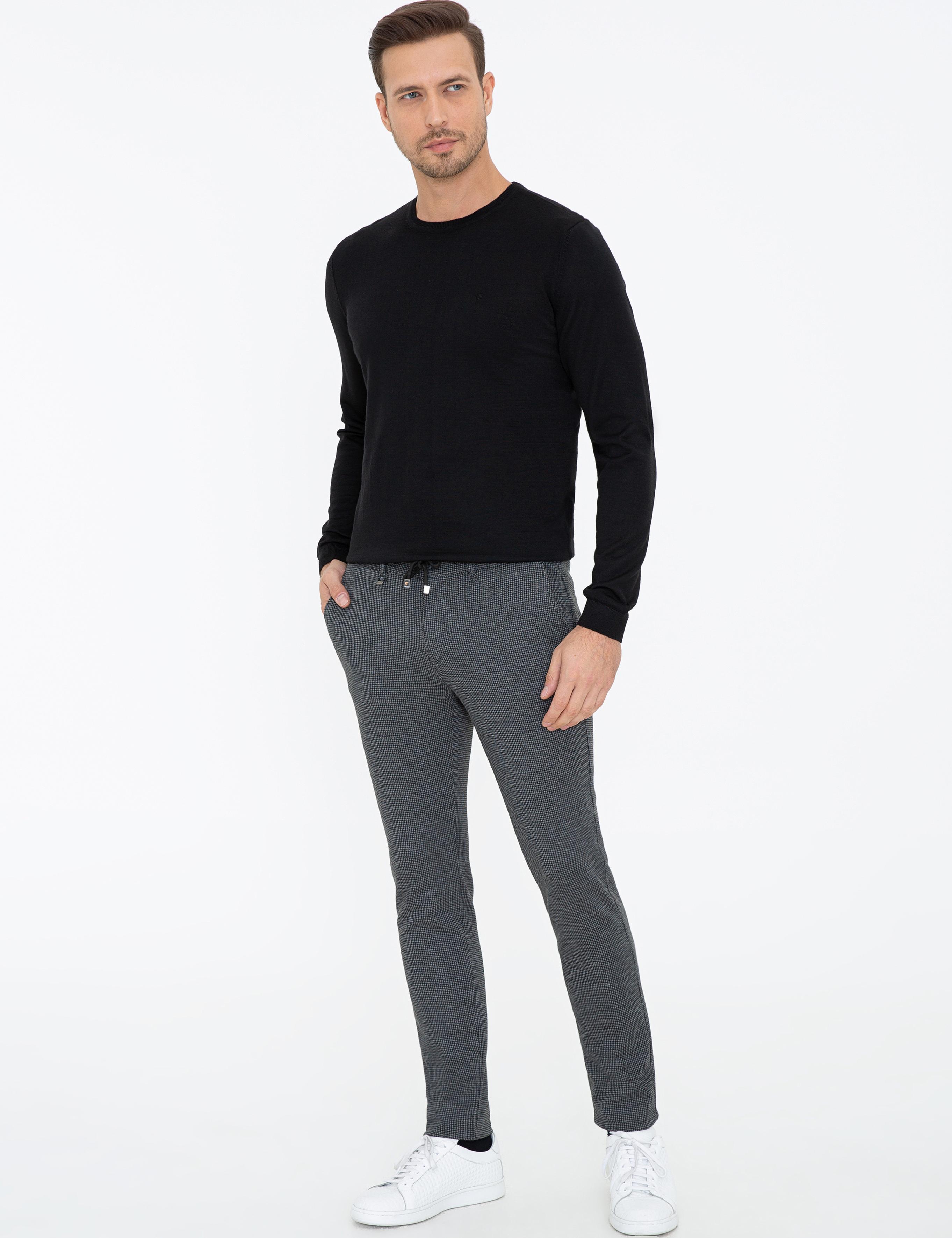 Siyah Slim Fit Belden Bağlamalı Kanvas Pantolon - 50242626038