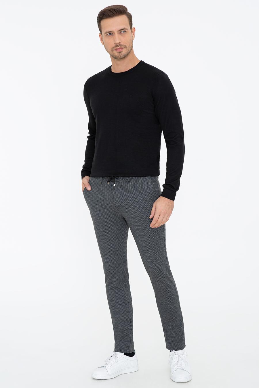 Siyah Slim Fit Belden Bağlamalı Kanvas Pantolon - 50242626038