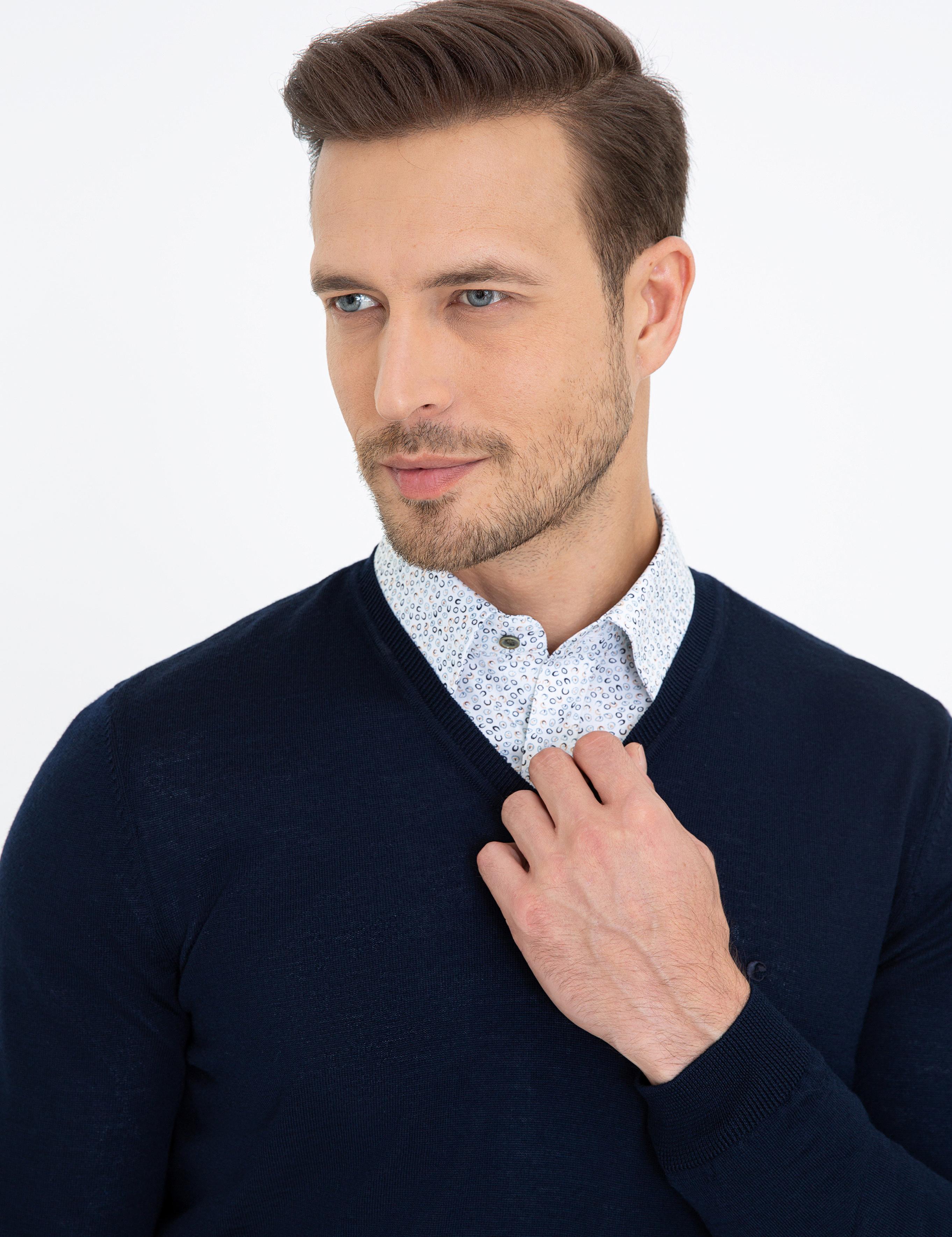 Lacivert Slim Fit V Yaka Basic Triko Kazak - 50237053010