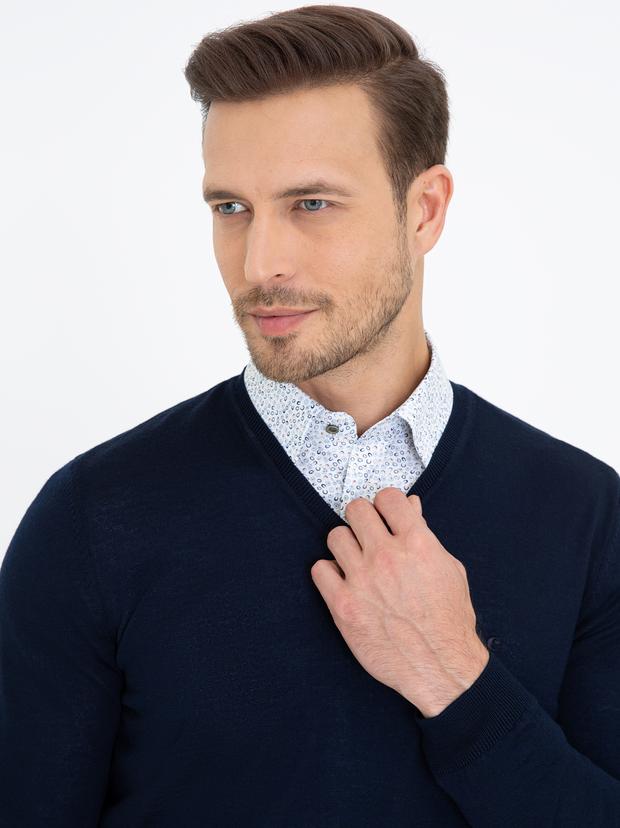 Lacivert Slim Fit V Yaka Basic Triko Kazak