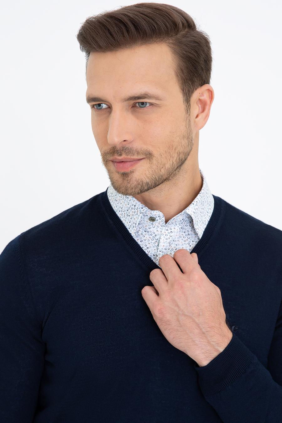 Lacivert Slim Fit V Yaka Basic Triko Kazak - 50237053010