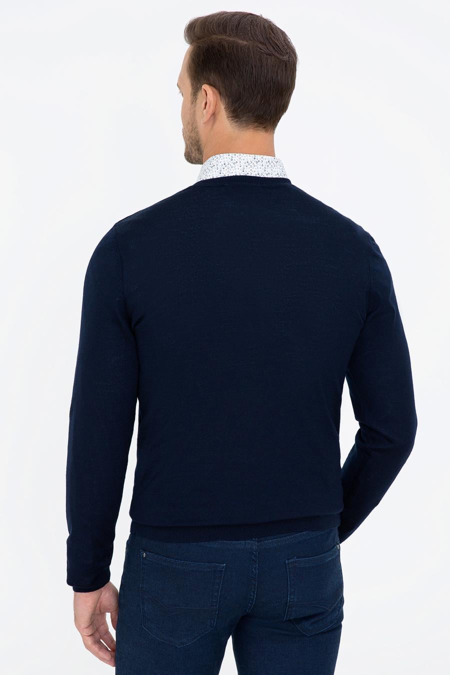 Lacivert Slim Fit V Yaka Basic Triko Kazak - 50237053010