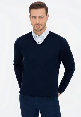 Lacivert Slim Fit V Yaka Basic Triko Kazak