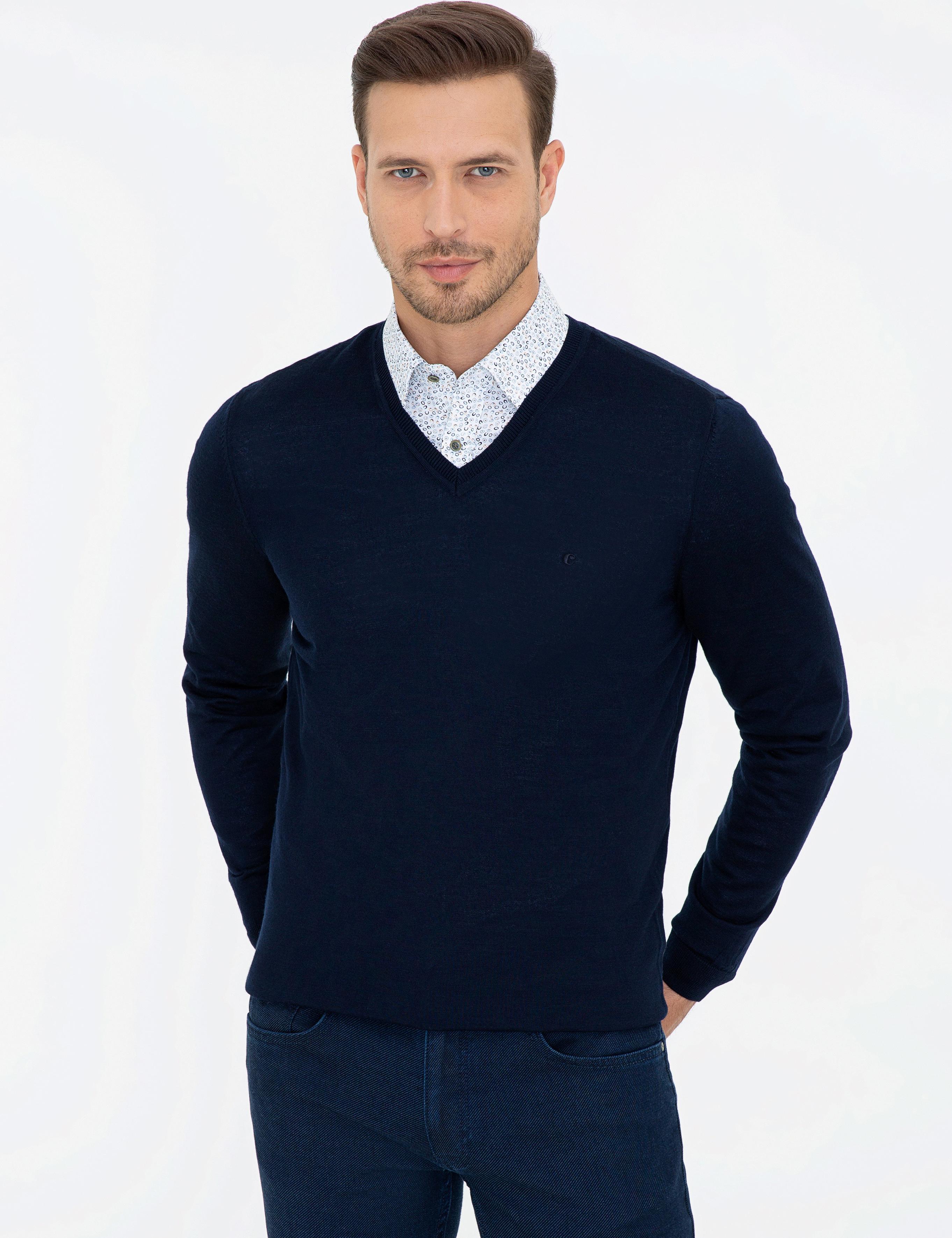 Lacivert Slim Fit V Yaka Basic Triko Kazak - 50237053010