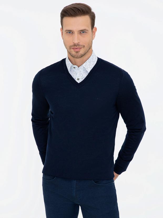 Lacivert Slim Fit V Yaka Basic Triko Kazak