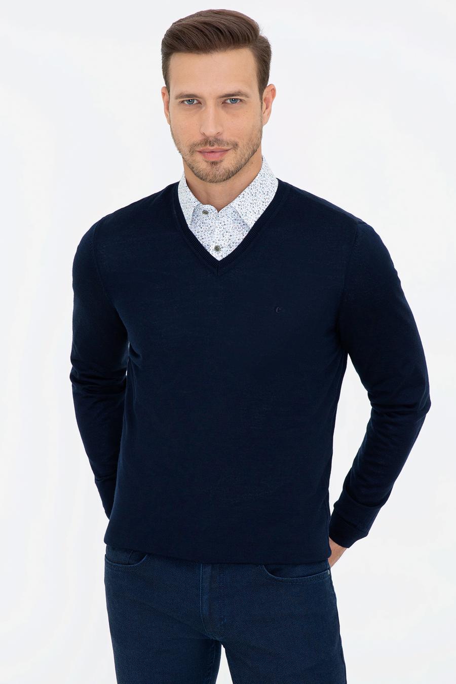 Lacivert Slim Fit V Yaka Basic Triko Kazak - 50237053010