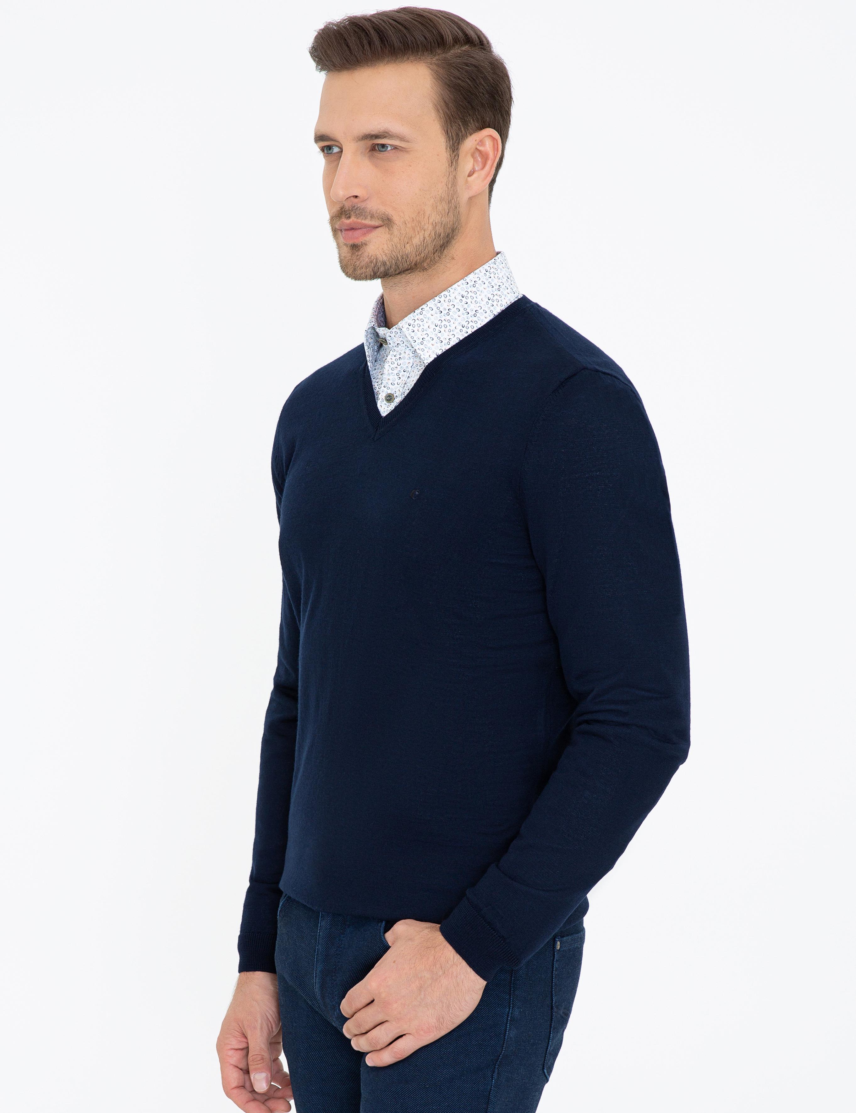Lacivert Slim Fit V Yaka Basic Triko Kazak - 50237053010