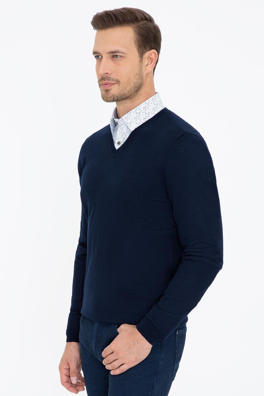 Lacivert Slim Fit V Yaka Basic Triko Kazak - 50237053010
