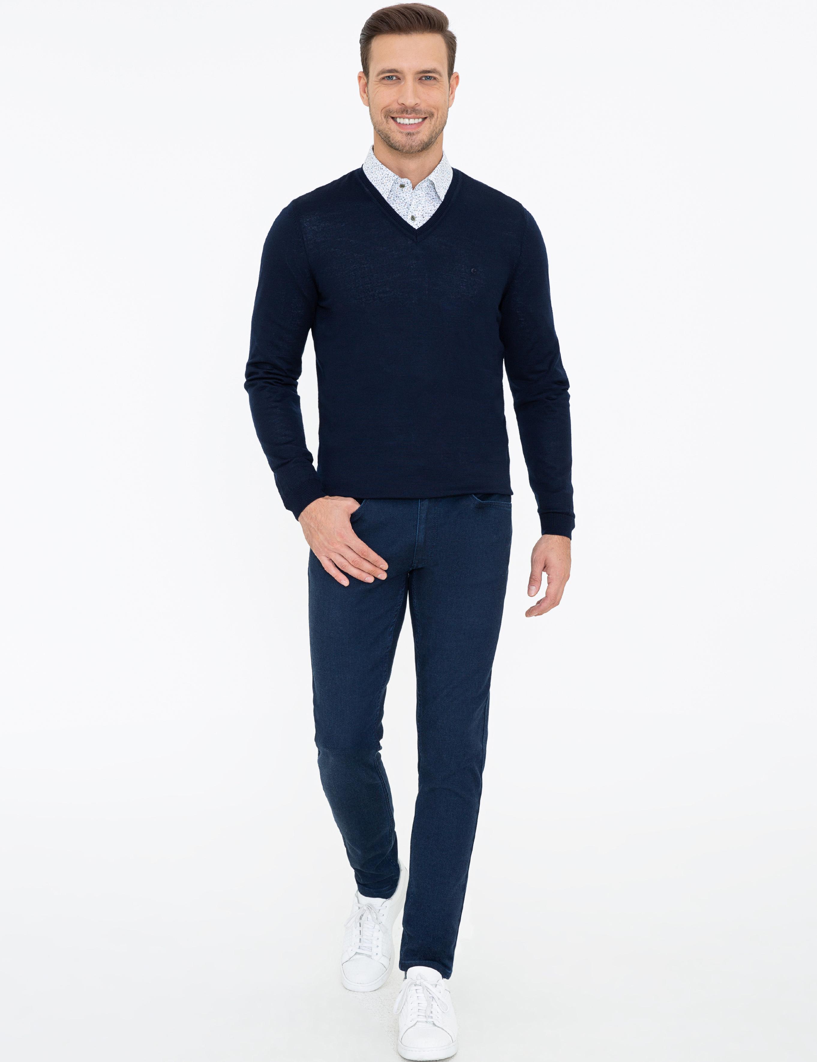 Lacivert Slim Fit V Yaka Basic Triko Kazak - 50237053010