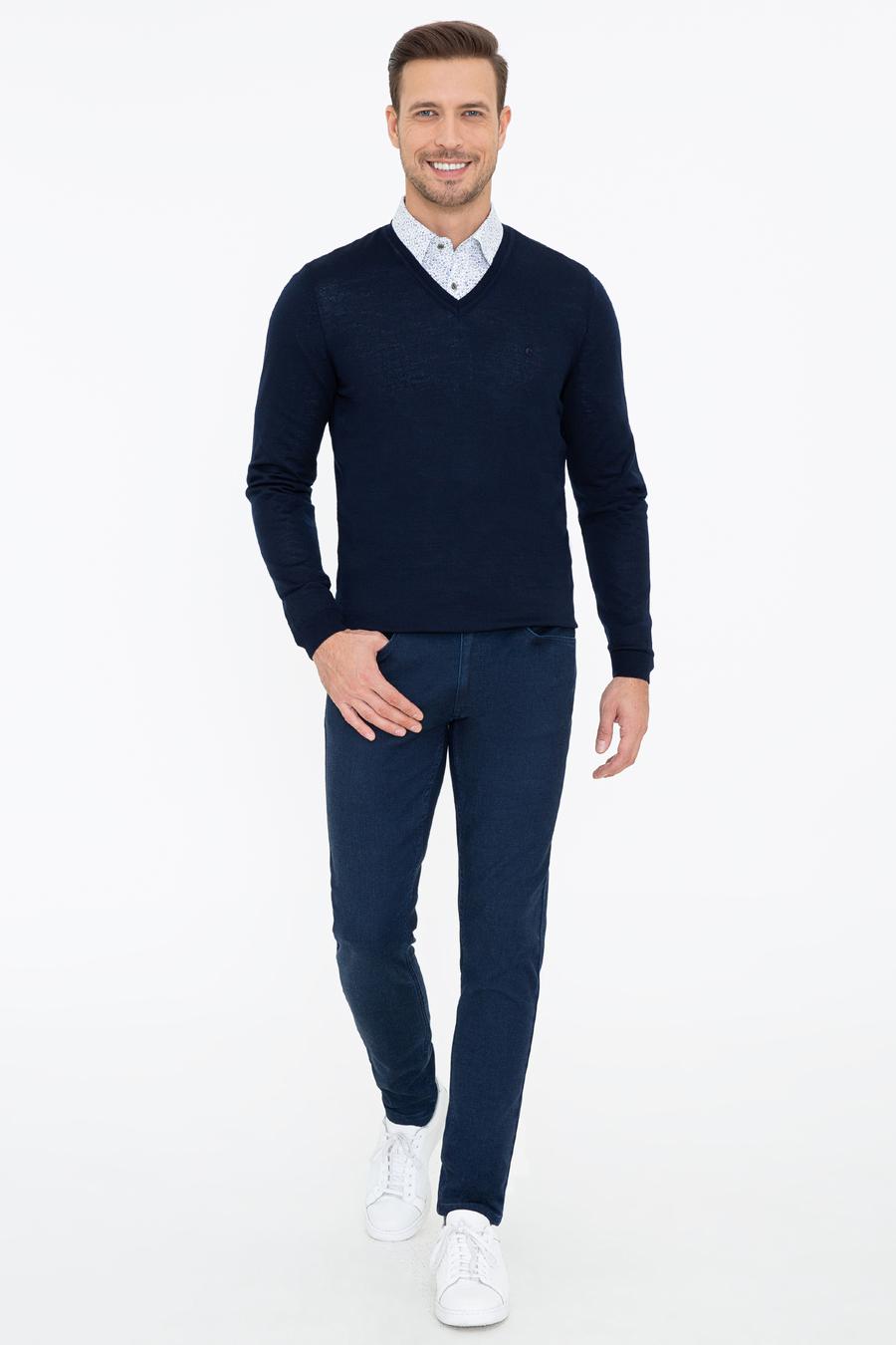Lacivert Slim Fit V Yaka Basic Triko Kazak - 50237053010