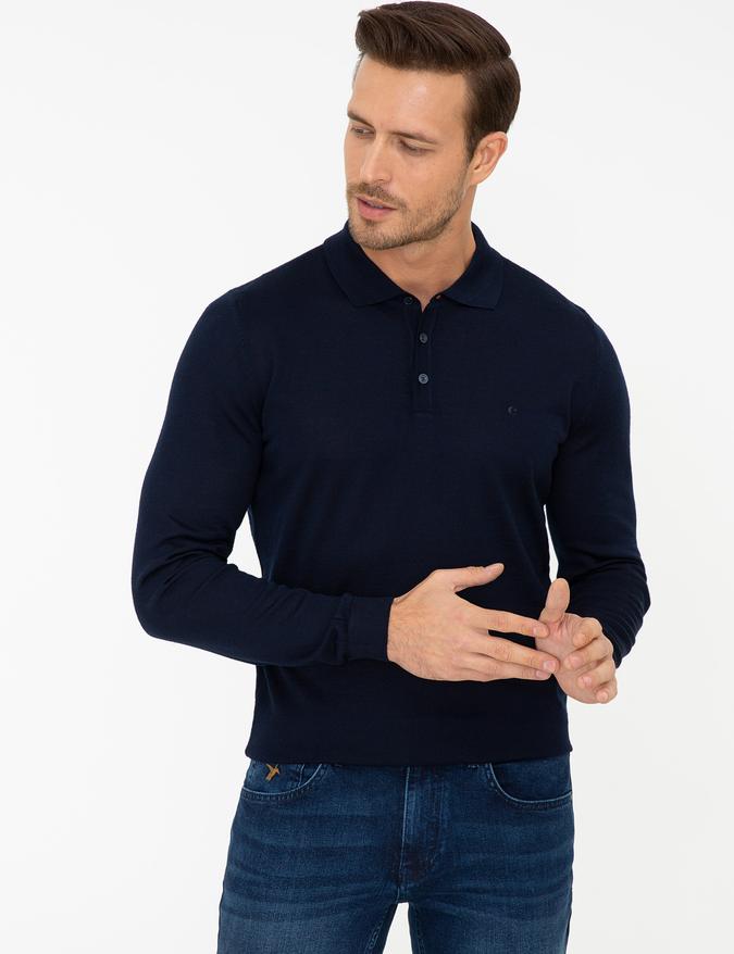 Lacivert Slim Fit Polo Yaka Basic Triko Kazak