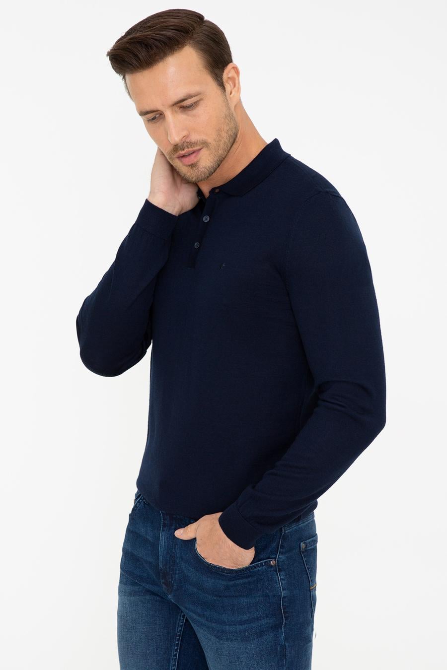 Lacivert Slim Fit Polo Yaka Basic Triko Kazak - 50237054012