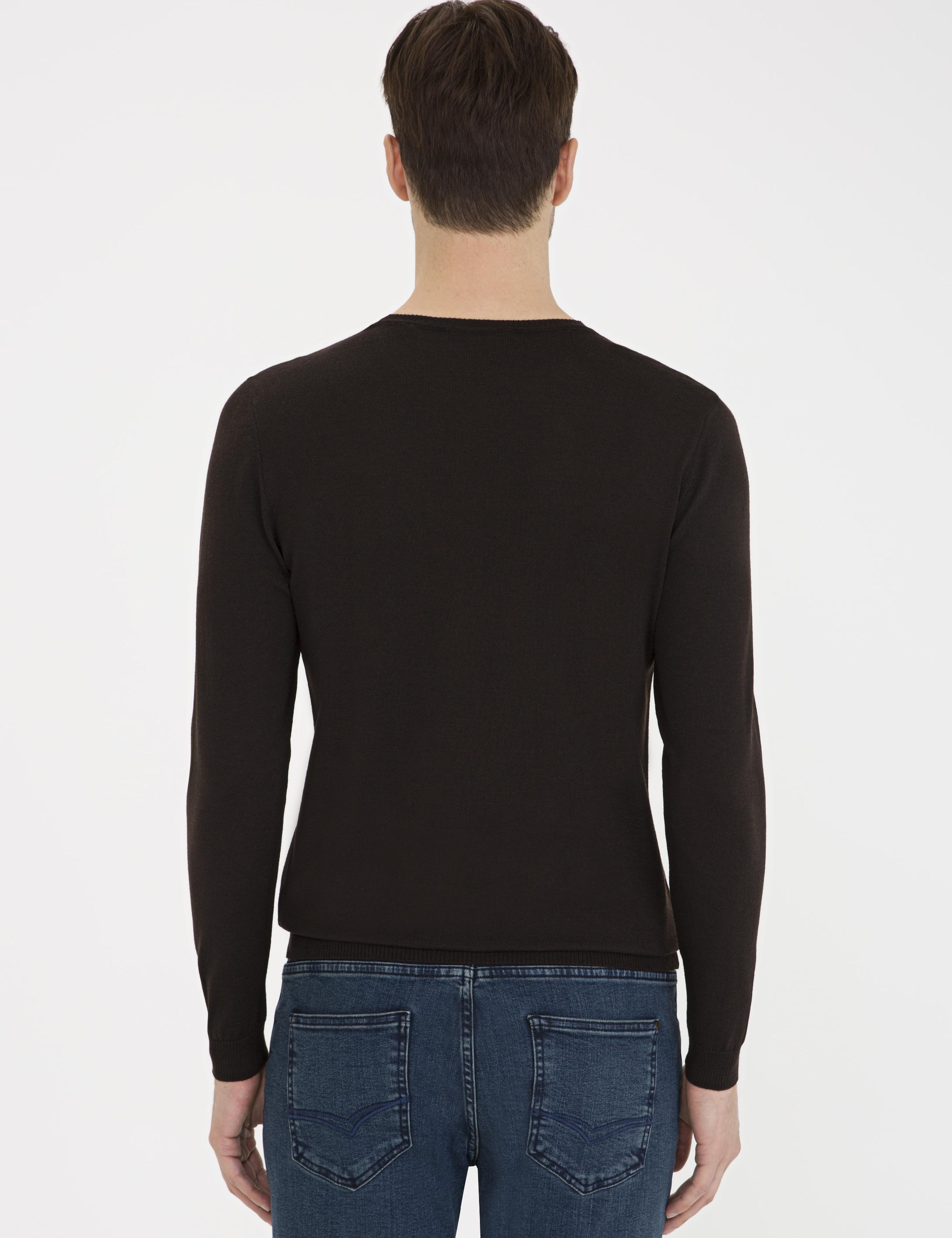 Koyu Kahverengi Slim Fit Bisiklet Yaka Basic Triko Kazak - 50230646062