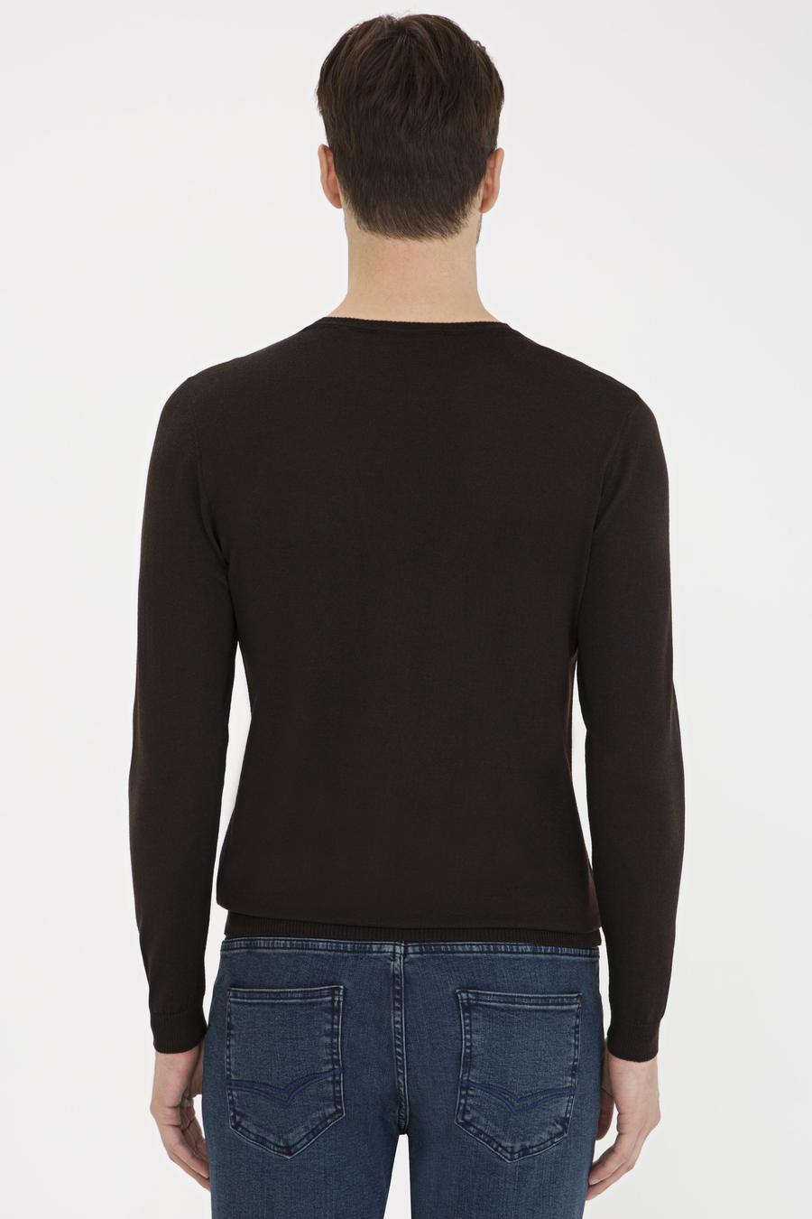 Koyu Kahverengi Slim Fit Bisiklet Yaka Basic Triko Kazak - 50230646062