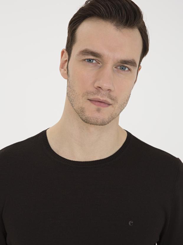 Koyu Kahverengi Slim Fit Bisiklet Yaka Basic Triko Kazak