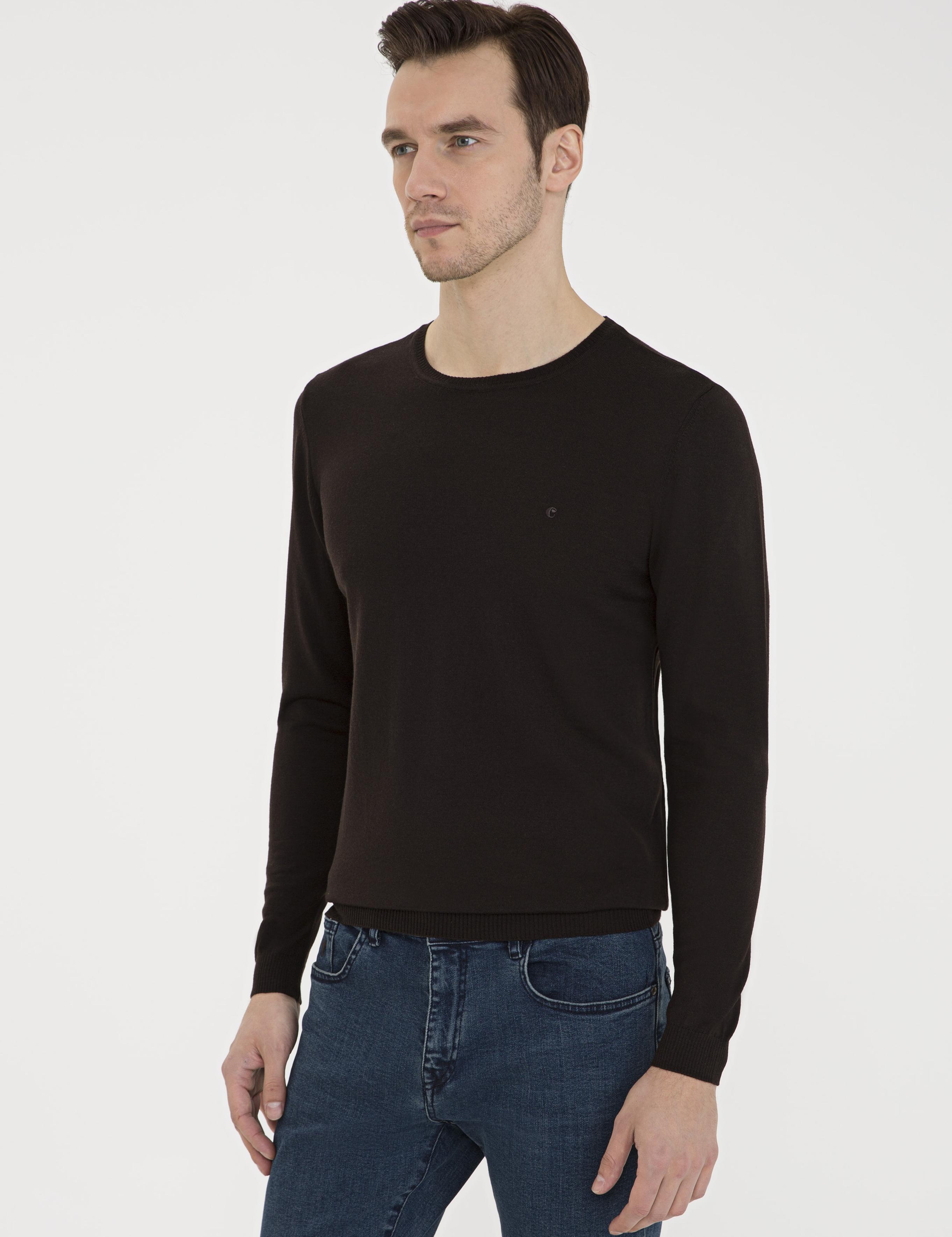 Koyu Kahverengi Slim Fit Bisiklet Yaka Basic Triko Kazak - 50230646062