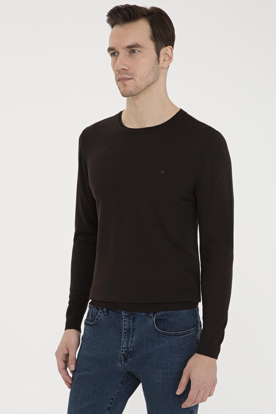 Koyu Kahverengi Slim Fit Bisiklet Yaka Basic Triko Kazak - 50230646062