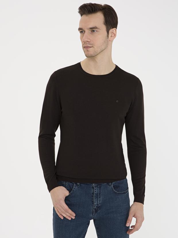 Koyu Kahverengi Slim Fit Bisiklet Yaka Basic Triko Kazak
