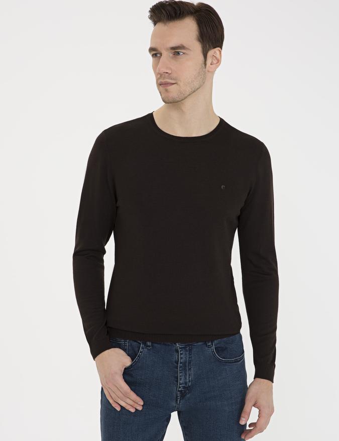 Koyu Kahverengi Slim Fit Bisiklet Yaka Basic Triko Kazak