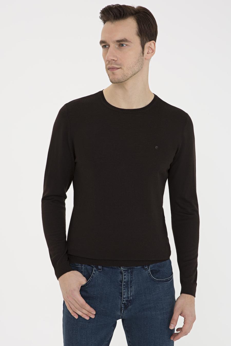 Koyu Kahverengi Slim Fit Bisiklet Yaka Basic Triko Kazak - 50230646062