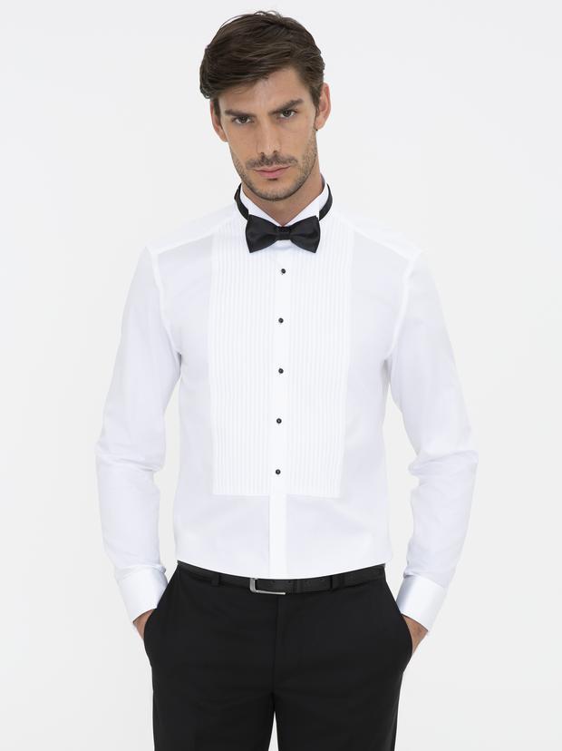 Beyaz Slim Fit Smokin Gömlek