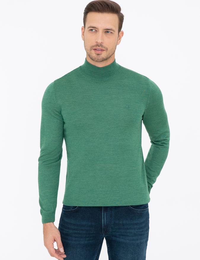 Açık Yeşil Slim Fit Yarım Balıkçı Basic Triko Kazak