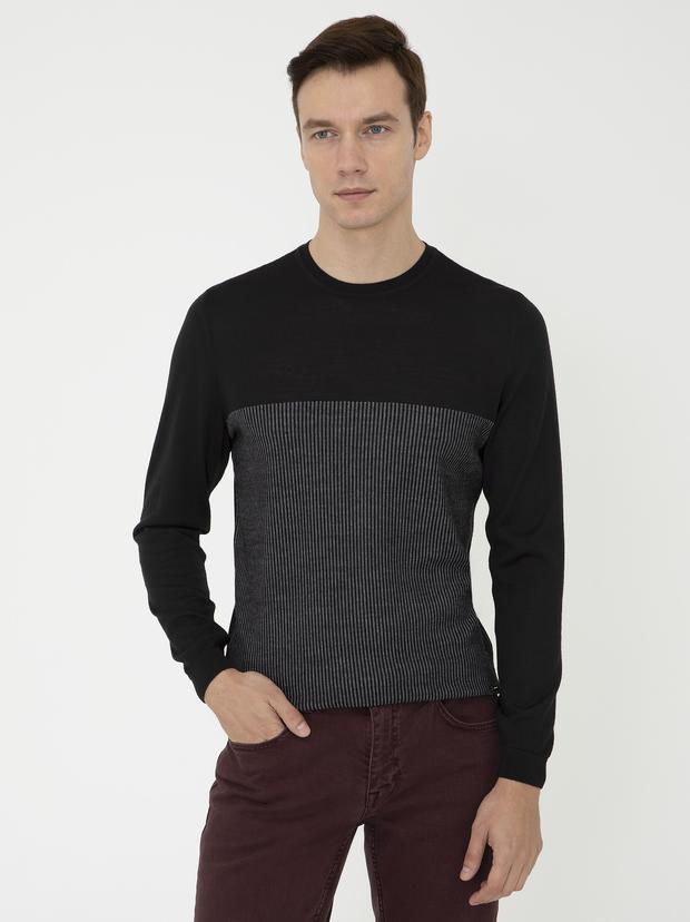 Siyah Slim Fit Bisiklet Yaka Triko Kazak