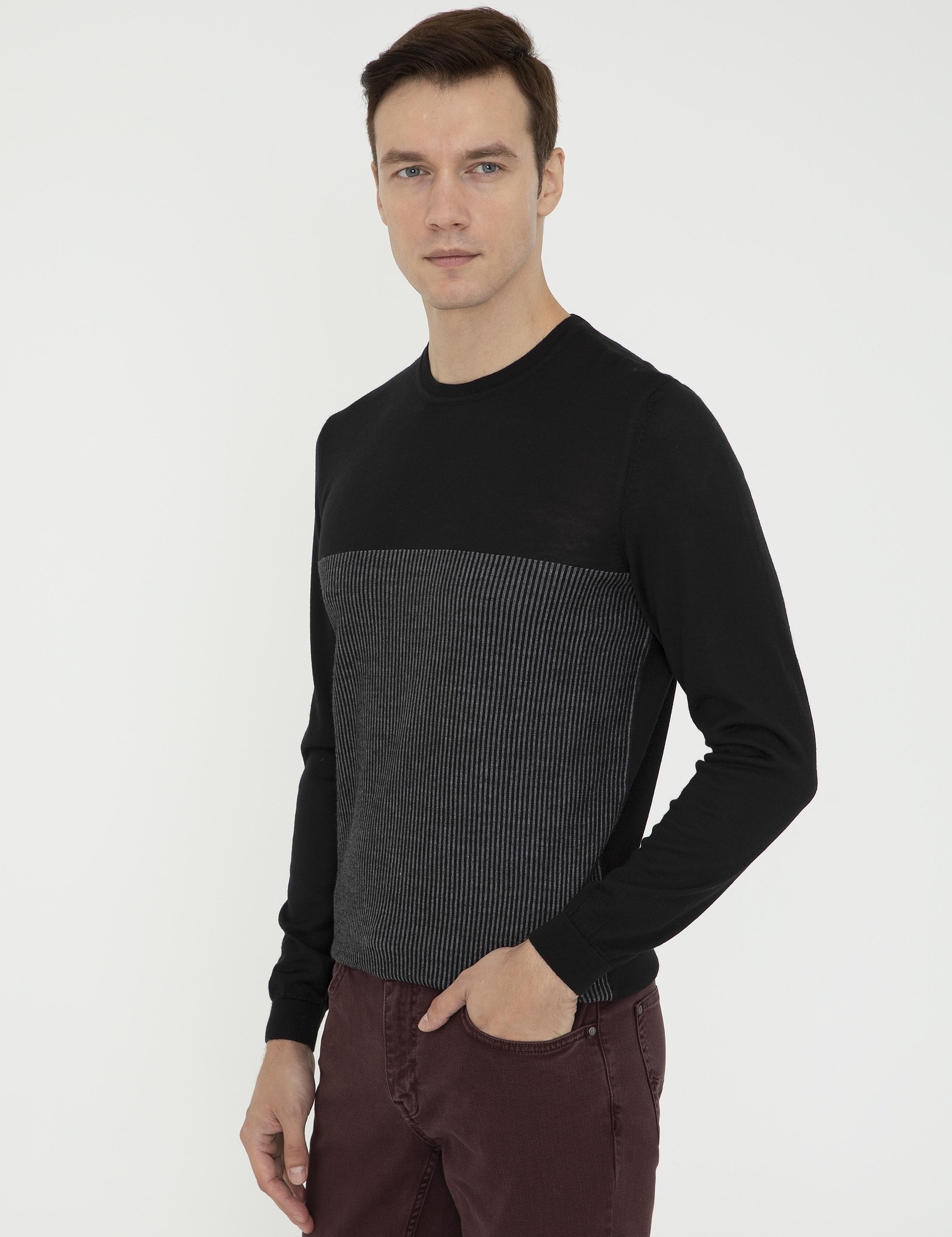 Siyah Slim Fit Bisiklet Yaka Triko Kazak - 50239443003