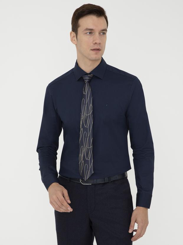 Lacivert Slim Fit Uzun Kollu Basic Gömlek