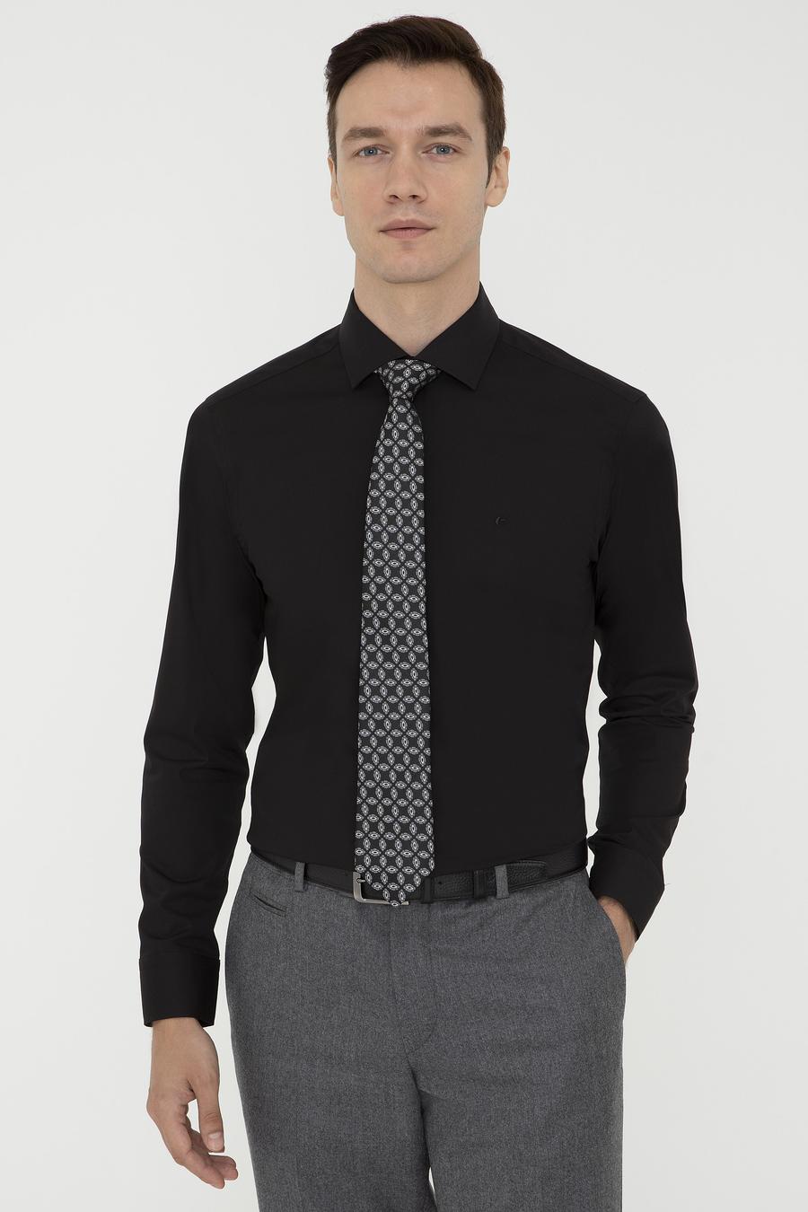 Siyah Slim Fit Uzun Kollu Basic Gömlek - 50242782056