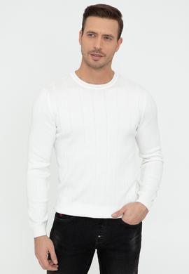 Ekru Slim Fit Bisiklet Yaka Triko Kazak