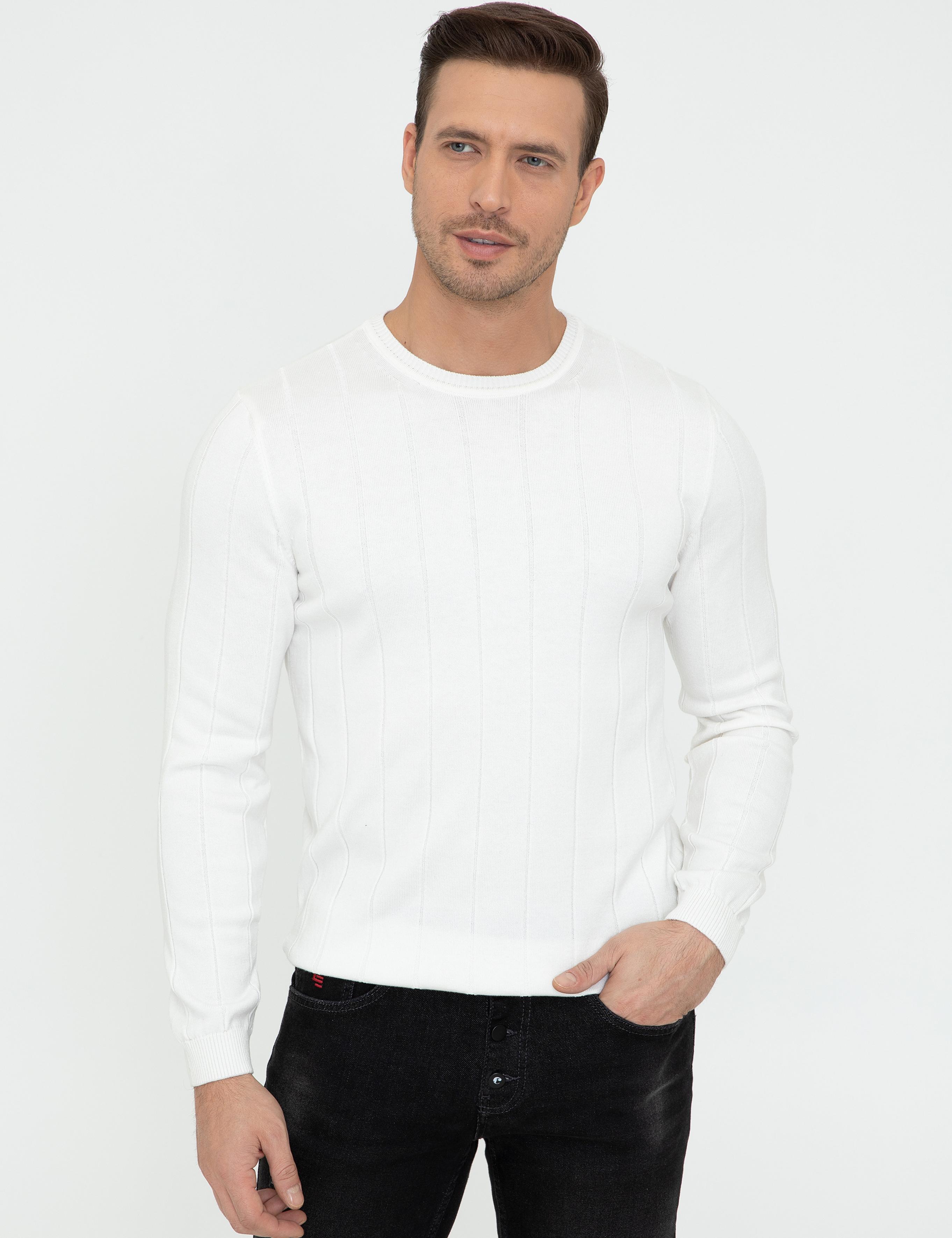 Ekru Slim Fit Bisiklet Yaka Triko Kazak - 50240208067