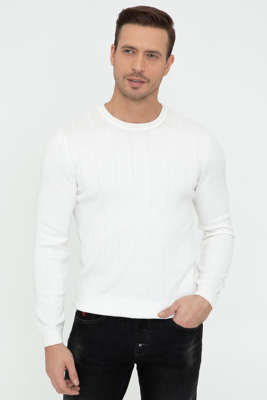 Ekru Slim Fit Bisiklet Yaka Triko Kazak - 50240208067