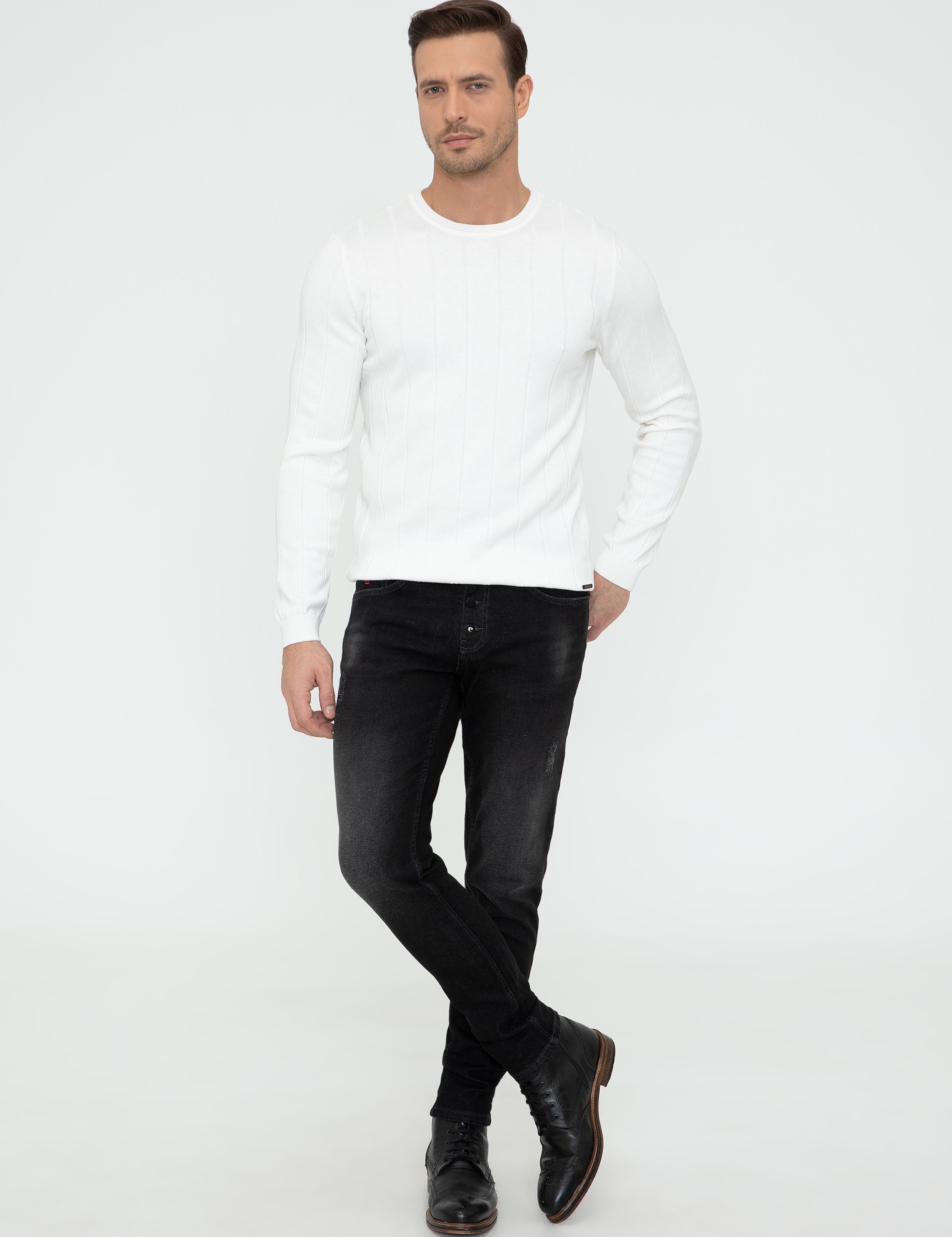Ekru Slim Fit Bisiklet Yaka Triko Kazak - 50240208067