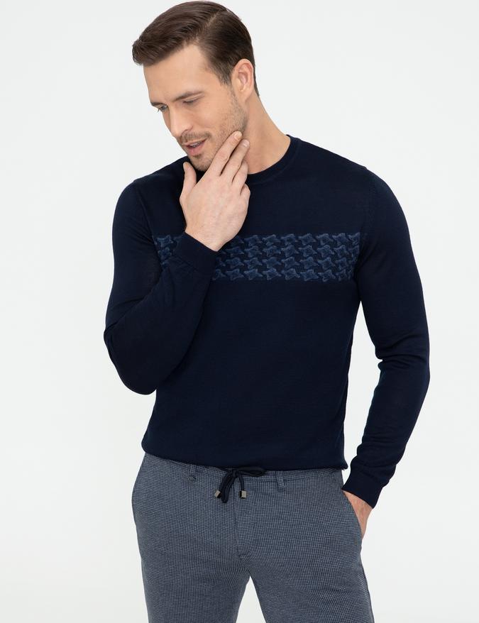 Lacivert Slim Fit Bisiklet Yaka Triko Kazak
