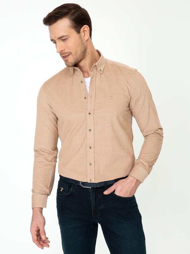 Bej Slim Fit Uzun Kollu Gömlek