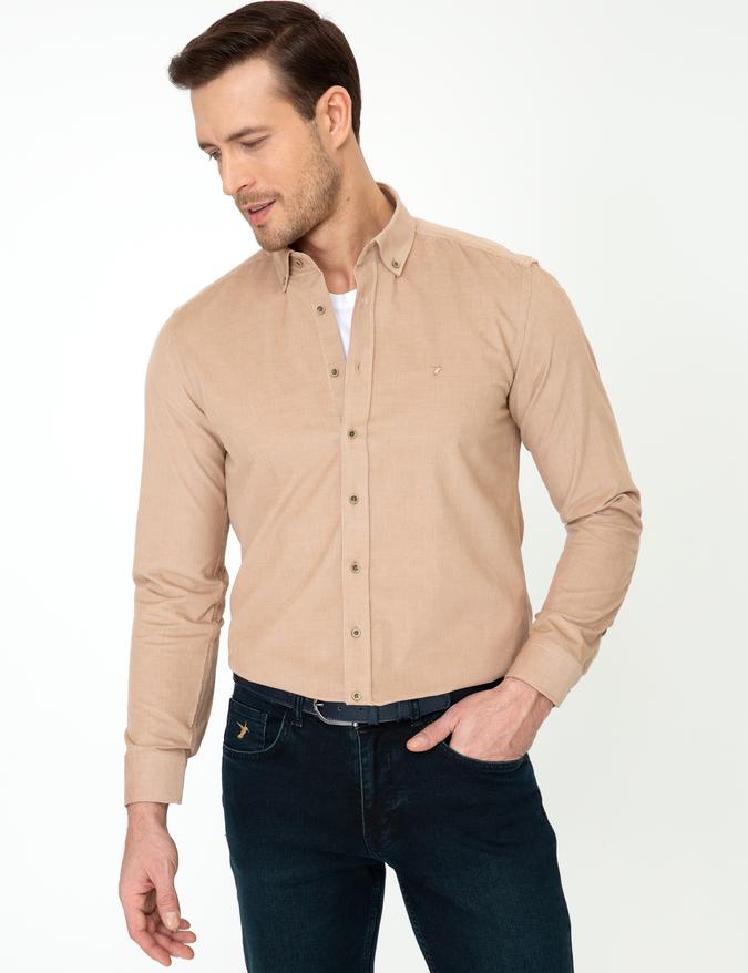 Bej Slim Fit Uzun Kollu Gömlek