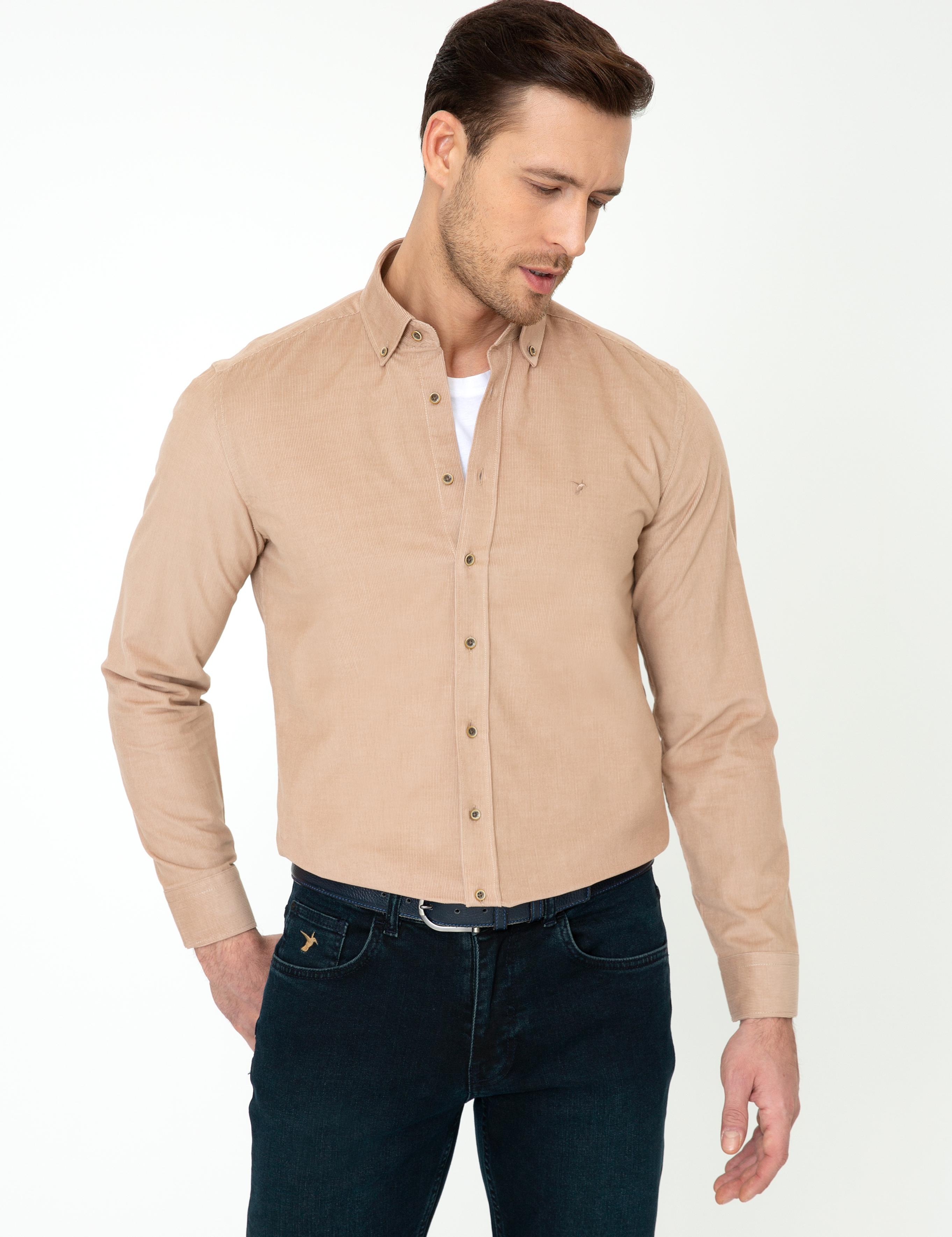 Bej Slim Fit Uzun Kollu Gömlek - 50245389047